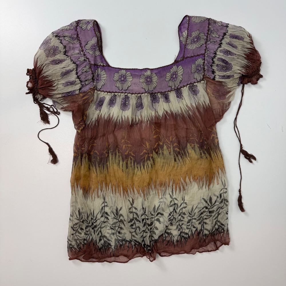 ECI New York Women Purple Floral Boho Peasant Blouse Square Neck Tassel Size 8